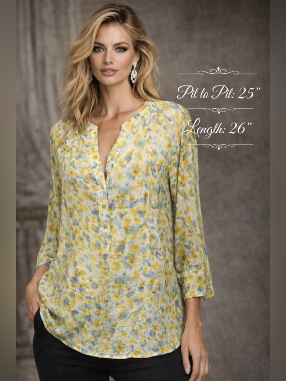 🩷Zac & Rachel Yellow and Blue Floral Pintuck V-Neck Blouse